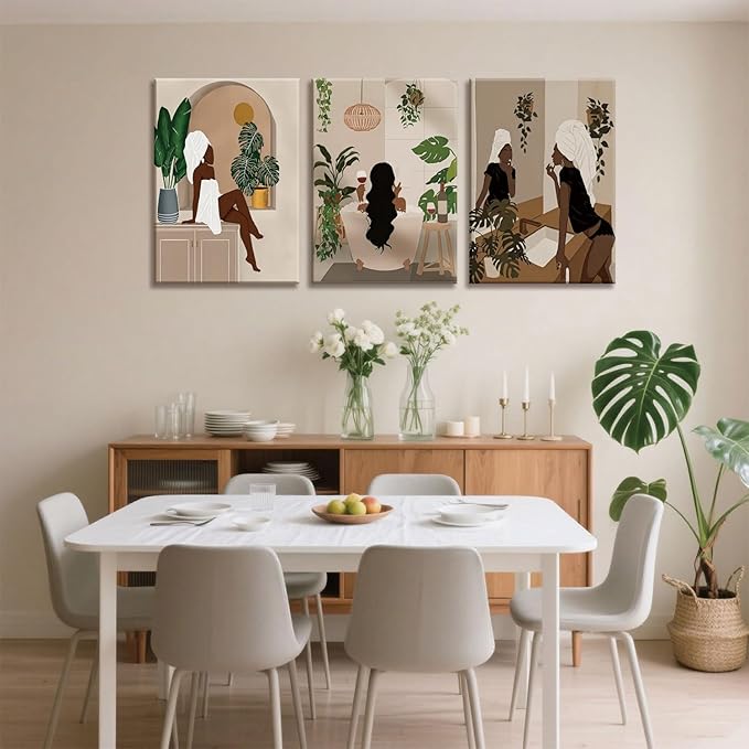 TUEASKY 3 Piece Canvas Wall Art Black Girl Wall Art Black Woman Paintings Prints Boho Pictures Wall Decor for Bathroom