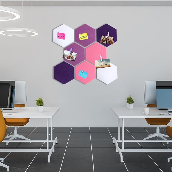8 Pcs 12" Large Hexagon Felt Cork Bulletin Board Tiles Self Adhesive DIY Pin Board with 50 Push Pins and 10 Colored Clips, Wall Decor for Office Home Kitchen Photos Memos(Pink)