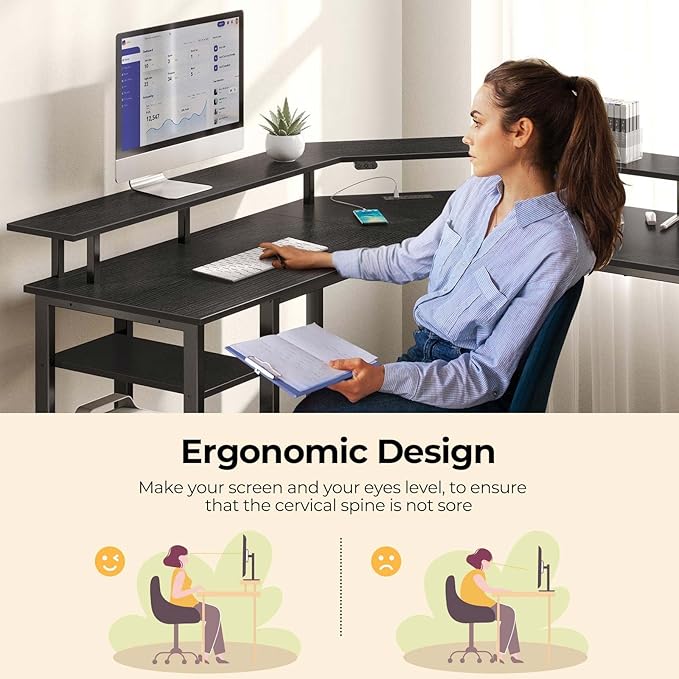 Rolanstar L Shaped Gaming Desk with LED Lights & Power Outlets, 53" Computer Desk with Full Monitor Stand & Storage Shelf, Corner Desk with Hooks, Black Desk Reversible