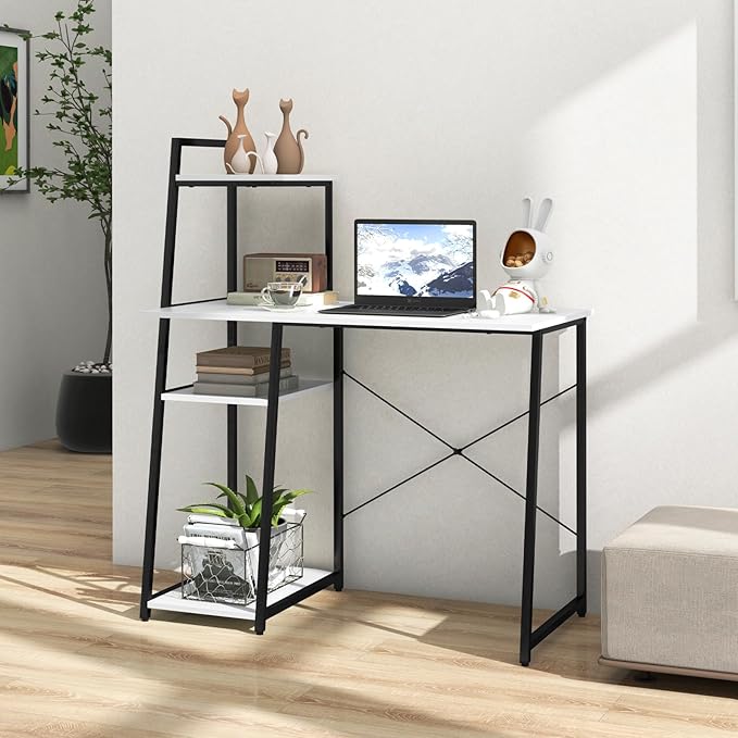 Giantex Computer Desk with Shelves, 47.5” Home Office Desk with Bookshelf, Host Stand, Metal Frame, PC Laptop Workstation, Modern Study Writing Desk for Bedroom, Small Space (White & Black)