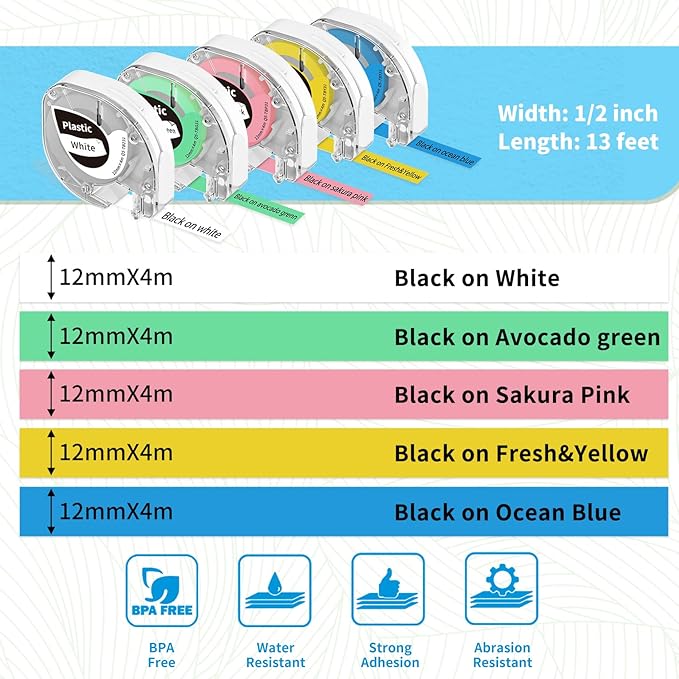 Phomemo P12 Label Maker Machine with 6 Tape, Colored Label Tapes(Green/Blue/Pink/Yellow/Black on White) Bluetooth Label Printer with Label Tape Perfect for Home, Office, School