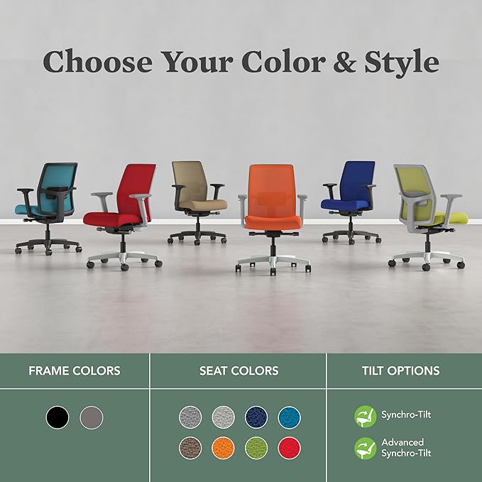 HON Ignition 2.0 Low Back Task Chair, Spectrum Mesh, Advanced Synchro-Tilt Control, Office Chair with Lumbar Support, Height and Width Adjustable Arms, Black Frame, Blueberry