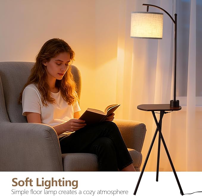 Floor Lamp with Oval Side Table, 3 Color Temperature 9W LED Bulb, Remote and Foot Switch Control, USB A and C Ports, Dual AC Outlets, 1-Hour Timer, Modern Lamp for Living, Bedroom, Brown
