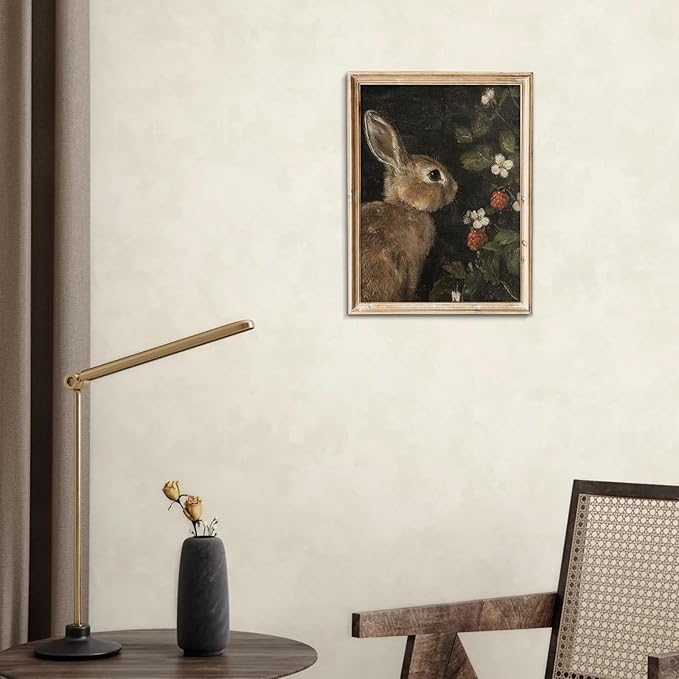 uniro Vintage Rabbit Wall Art, Farmhouse Canvas Wall Decor, Easter Bunny and flowers Painting, Antique Rabbit Painting Wall Art Decoration for Office Bedroom Room Living Decor(8" x 10"-UNFRAMED)