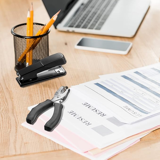 Tenare 7 Pcs Black Office Supplies Desk Accessory Kit, Stapler and Tape Dispenser Set with Stapler Remover, Single Hole Punch, Scissors, Telescopic Knife Keychain, Envelope Slitter Mail Opener