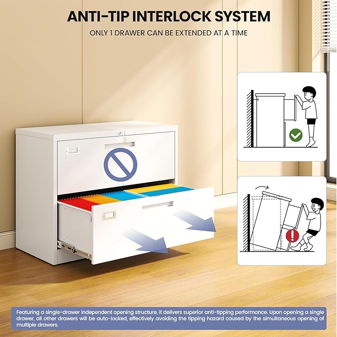 2 Drawer Locking Lateral File Cabinet, Wide&Deep White Metal Filing Cabinet for Letter/Legal/A4/F4 Files, Includes Card Holder and Hanging Folders for Home Office, School, Business