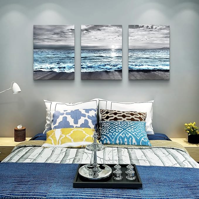 Lapremoly Canvas Wall Art For Living Room, Bedroom & Office Decor - Black & White Beach Wall Painting - Blue Ocean Sea Wave Pictures - 3 Piece Set - 20x28 in