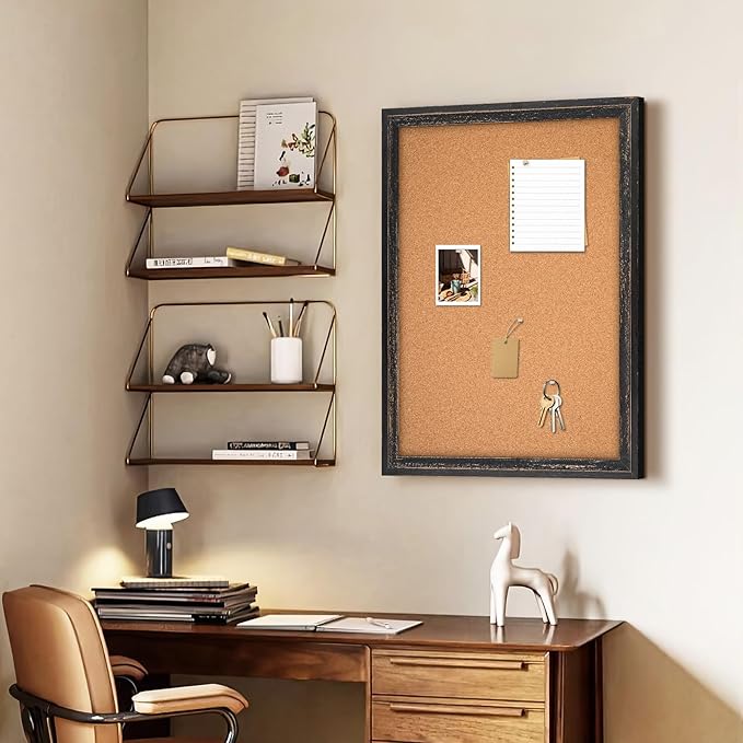 Cork Board Bulletin Board, 30" x 20" Corkboard for Wall, Rustic Black Wooden Frame, Decorative Hanging Pin Board for Home Office Room Decor, 10 Push Pins