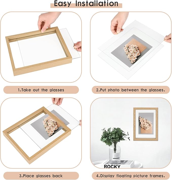 MUYE 5x7 Floating Frame Set of 2,Double Glass Rustic Photo Frame for Wall Hanging or Tabletop Standing,Also Display 4x6 or 3x5 Photo for Floating Effect,Natural