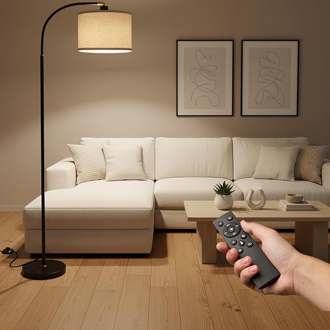 Arc Floor Lamps for Living Room, Modern Standing Lamp with Remote Dimmable Floor Lamp with Linen Shade, Tall Lamp for Bedroom Office Dining Room (Black)