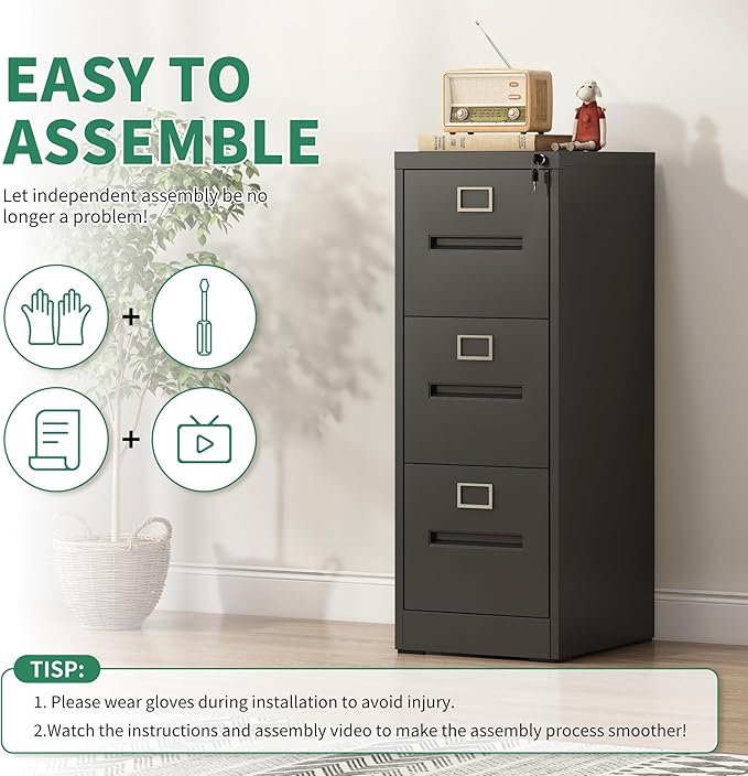 Black Metal File Cabinet with 3 Drawer,Vertical File Cabinet with Lock for A4/Letter/Legal Size Files,Steel Filing Cabinets for Home Office,Assembly Required