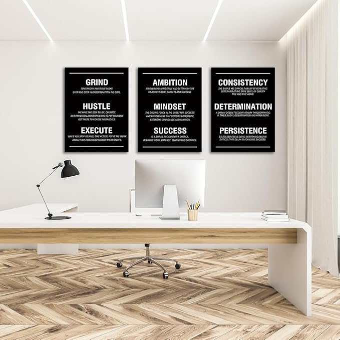 COSCTOR Set of 3 Motivational Wall Art Canvas for Office Workplace Garage Gym Living Room Bedroom Grind Hustle Execute Black and White Wall Decor Inspirational Quotes Posters for Paintings(Framed,12x16)