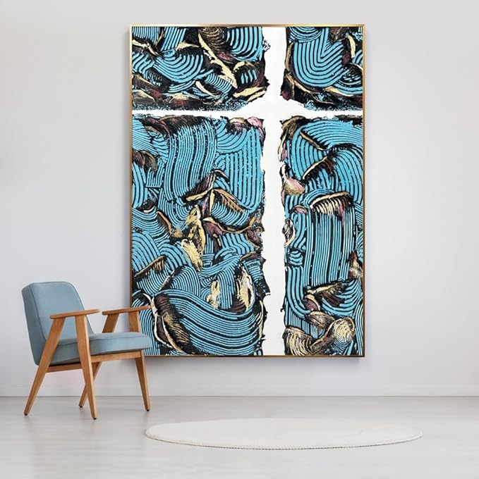 BrightA Blue Lines Large Abstract Canvas Wall Art Extra Large Abstract Wall Art Unique Wall Decor for Living Room Dining Room Hallway Wall Decor 39.4"x59"
