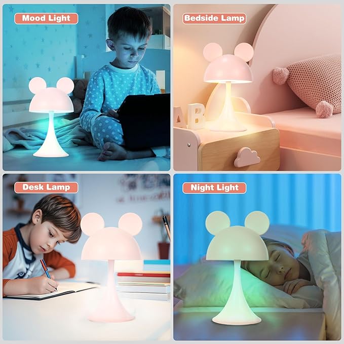 Rechargeable Mouse-Shaped LED Bedside Lamp – Kids Room Night Light with Touch Dimming & 3 Color Temperatures (Pink)