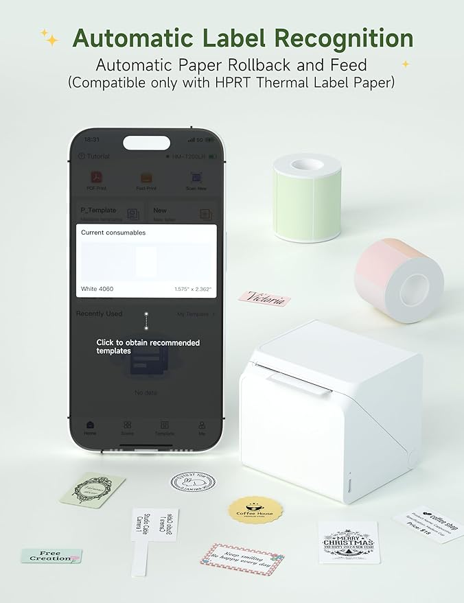 HPRT Label Maker Machine with Tape - T260LR 2-Inch Bluetooth Portable Label Printer, Mini Sticker Printer for Small Business, Office, School, Tiny Home, and Storage Bin Labeling