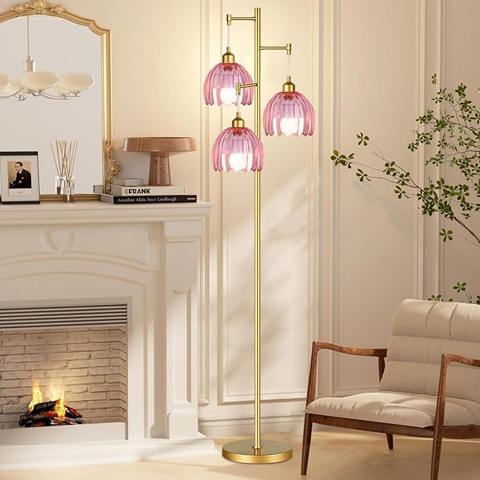Dimmable Floor Lamps for Living Room-3 Light Gold Vintage Floor Lamp with Glass Lampshape & Three Bulbs,Modern Mid Century Standing Lamp Green Flower Tall Tree Floor Lamp for Bedroom Corner