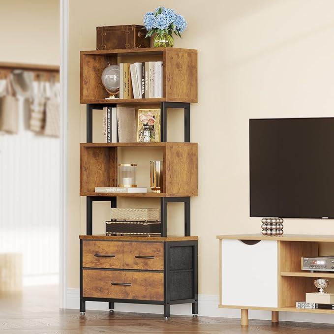 Casaottima 7 Tier BookShelf, Tall Geometric Bookcase with Fabric Drawers, Modern Display Book Shelves Book Case for Living Room Bedroom, Wood Decorative Standing Shelving Unit for Home Office, Vintage