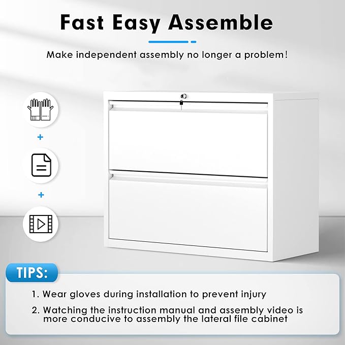 Pataku Lateral File Cabinet, 2 Drawer File Cabinet with Lock, White Filing Cabinets for Home Office, Metal File Cabinet for Hanging Files/Letters/Legal/A4(2Drawer/White)