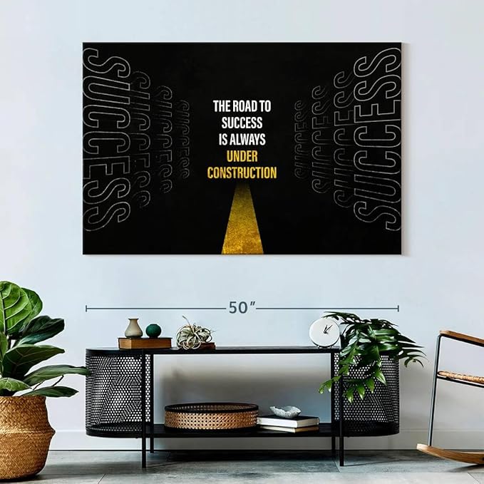 ElephantStock - Work On Your Road To Success Wall Art - Horizontal Canvas Wall Art - Home Office Wall Decor - Digital Art Inspirational And Typography Canvas Art - Black And White Decor - 51" x 34"
