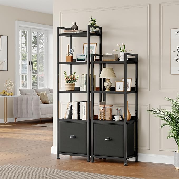 DUMOS 4 Tier Bookshelf, Bookcase with Fabric Drawer, Multi-Functional Display Standing Shelf for CDs/Books/Movies, Wood and Metal Storage Organizer in Bedroom, Living Room and Closet, Black