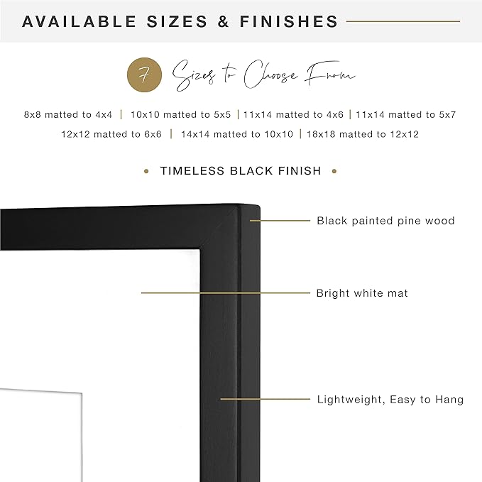 MCS East Village 18x18 Matted Square Picture Frame with 12x12 Photo Display, Black Wall Hanging Frame for Photos & Posters (1-Pack)
