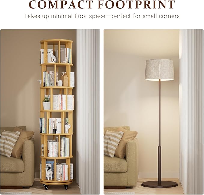 Rotating Bookshelf Tower with Wheels, 6 Tier Solid Wood Round Spinning Bookshelf Tower, 360° Revolving Bookcase Rolling for Kids Adult, Rotation Book Shelf for Bedroom, Living, Office, Corner, Natural