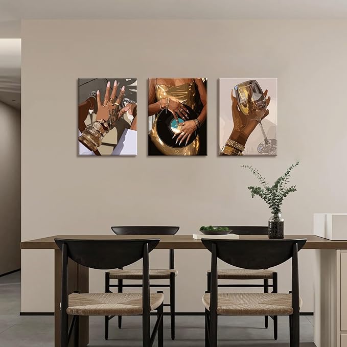 TUEASKY 3 Piece Canvas Wall Art Black Girl Wall Decor Music Record Pictures Paintings Gold Fashion African American Prints Y2K Artwork for Living Room Pop Bar Party