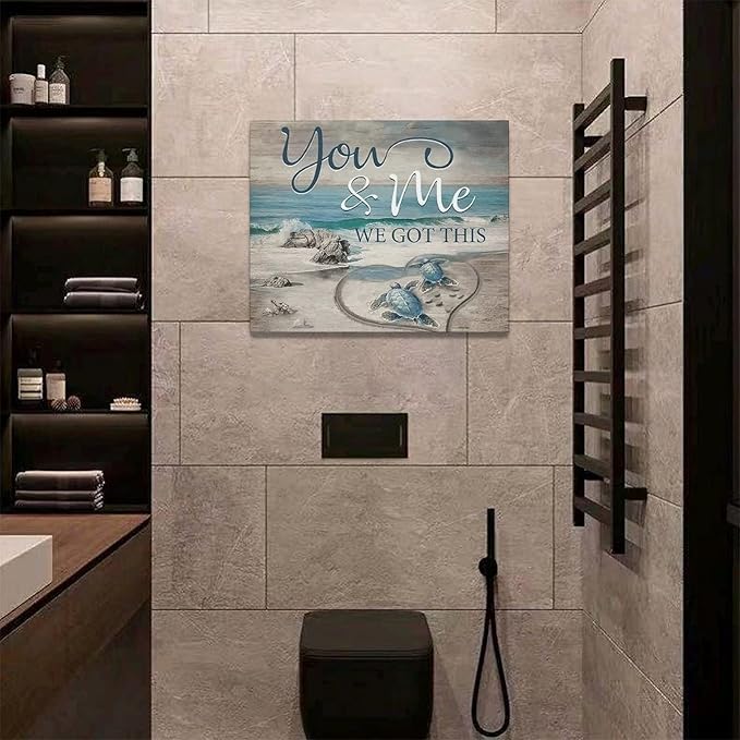 yerretin Beach Sea Turtle Bathroom Wall Art Ocean Turtle Pictures Wall Decor Coastal Nautical Seascape Canvas Painting Love Artwork Home Decoration for Bedroom Office Framed 20"x16"
