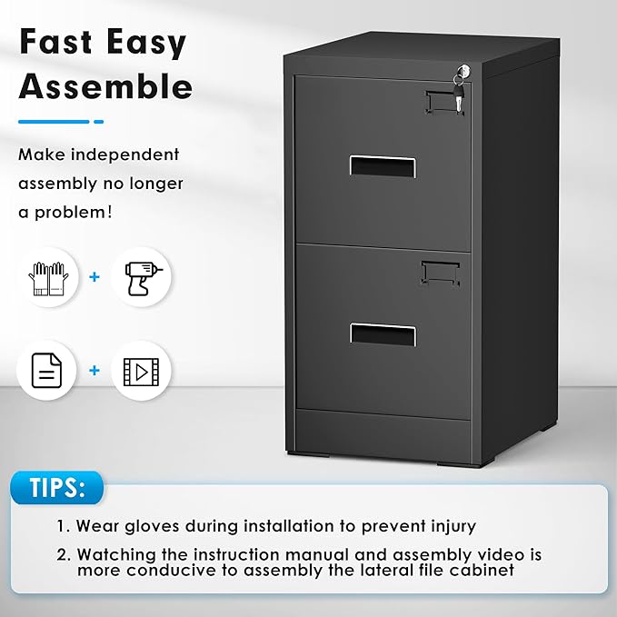 Pataku 2 Drawer File Cabinet with Lock, Sturdy Metal Vertical Filing Cabinets for Home Office, Under Desk Paperwork Storage Fully Extendable Slides Letter Legal A4 Size 18x15x28 Inches, Black