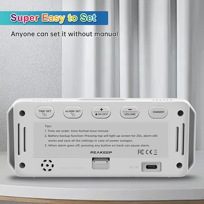 Peakeep Small Digital Alarm Clock Plug in for Kids Bedroom Bedside Nightstand, 8 RGB Colors Large Display Dimmable 6 Brightness, Corded Electric Battery Backup (White - RGB)