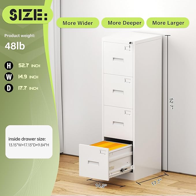 Incbruce 4 Drawer File Cabinet, Metal File Storage Cabinet with Lock, Vertical Filing Cabinet with Adjustable Hanging Frame for Home Office, Easy Assemble (White)