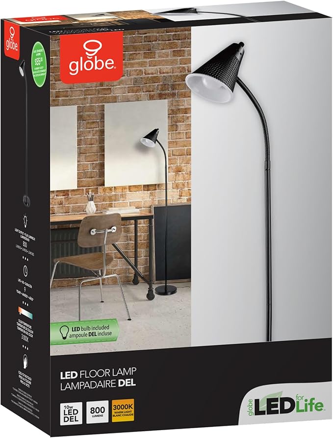 Globe Electric x Novogratz 12708 59" 1-Light LED Integrated Floor Lamp, Matte Black, Plastic Mesh Shade, E26 Bulb Included, Adjustable Spotlight, Modern Standing Light for Bedroom or Office