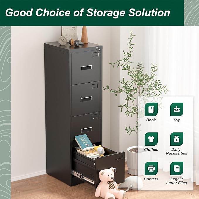 Superday 4 Drawer File Cabinets, 18” D Vertical File Cabinet with Lock, Locking Filing Cabinet for Home Office, Black Metal Filing Cabinets for Hanging Letter/Legal Folders, Easy Assemble