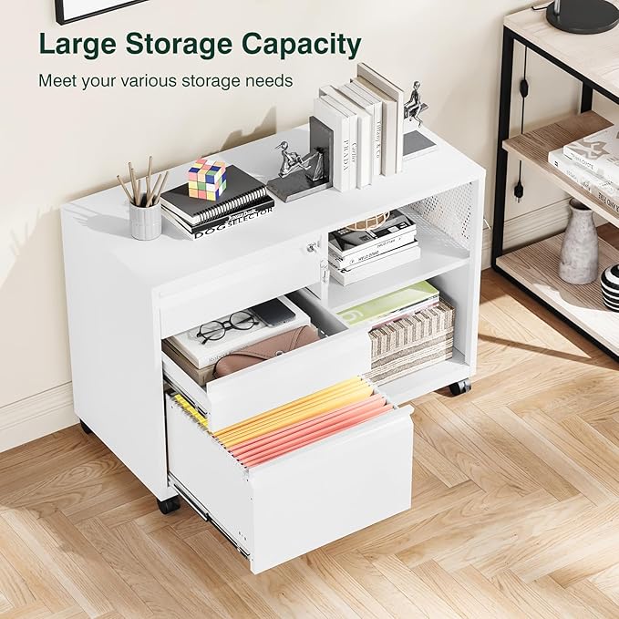 3 Drawer Metal File Cabinet with Lock, Mobile Lateral Filing Cabinet with Side Hook for Letters/Legal/A4, Printer Stand Storage Cabinets with Shelves for Home Office(White)