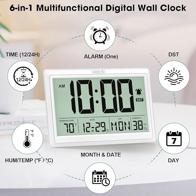 10.4'' Digital Wall Clock Battery Operated with Date/Temp/Week, Touch Snooze Function, Alarm, Temperature & Humidity - Easy to Read and Set, Auto DST