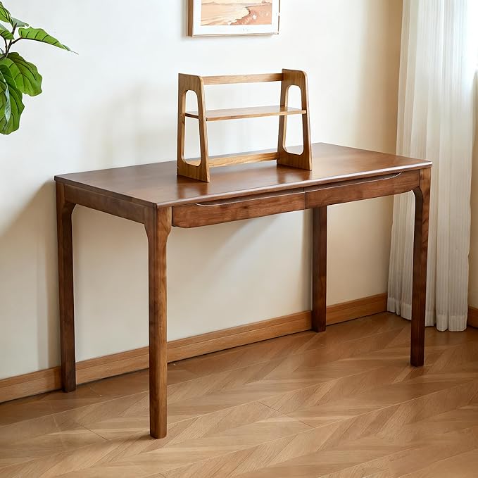 47"x24" Solid Wood Desk with Drawers,Wood Writing Desk for Small Spaces, Home Office Desks for Work, Gaming Study PC Desk for Bedroom, Student Computer Desks(Walnut, 47 inch)