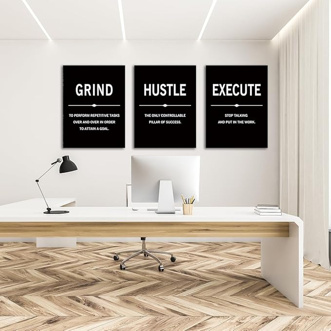 COSCTOR Set of 3 Motivational Wall Art Canvas for Office Workplace Garage Gym Living Room Bedroom Grind Hustle Execute Black and White Wall Decor Inspirational Quotes Posters for Paintings(Framed,12x16)