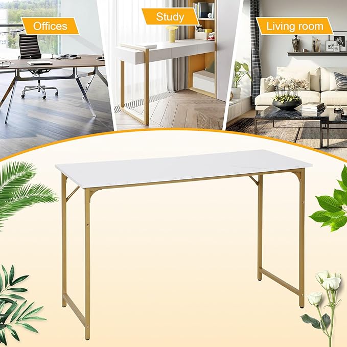 Computer Desk 47 Inch Study Writing Table, Home Office Desk with Metal Frame, Modern Gaming Desk for Office, Study and Game,Gold
