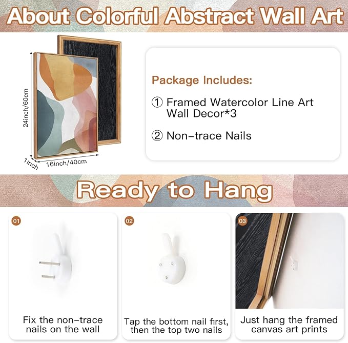CHDITB Abstract Watercolor Framed Canvas Wall Art Paintings(16"x24"), 3 Panels Colorful Red Green Yellow Blue White Artwork Printings, Large Modern Above Couch Art Decor for Bedroom Living Room Office