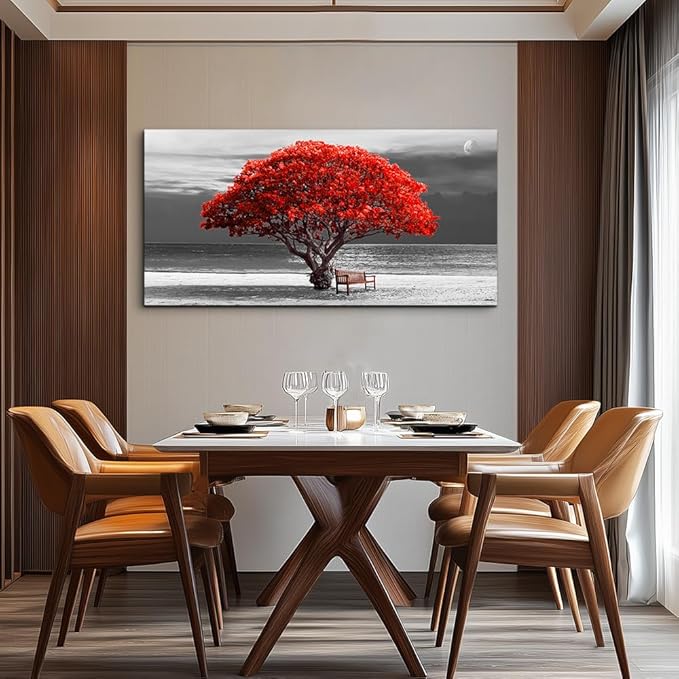 wall art for living room Decorations Photo Prints - panoramic black and white with red trees The moon Landscape - Modern Home Decor The room Stretched and Framed Ready to Hang artwork 30x60inches