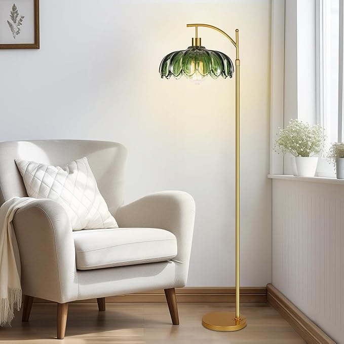 Floor Lamp for Living Room Bedroom,Gold Dimmable Standing Lamp with Remote,Mid Century Modern Brass Tall Lamp Vintage Green Glass Lamp Floor Light,Arc Unique Floor Lamps for Office Corner