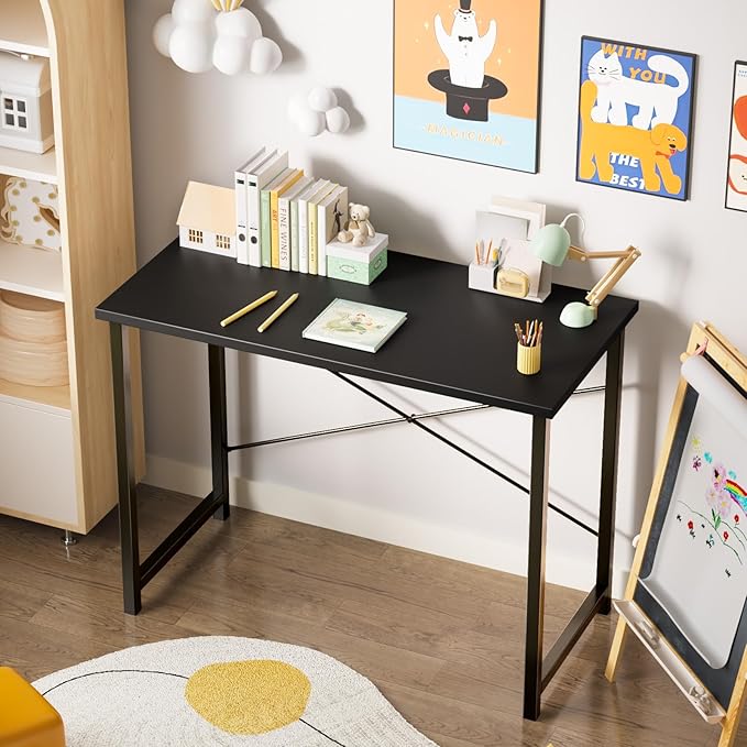 Sweetcrispy Small Computer Desk,63 Inch Office Writing Work Desk with Metal Frame Wooden Tabletop, Student Study Home Bedroom Table with X-Shaped Reinforcement, Black