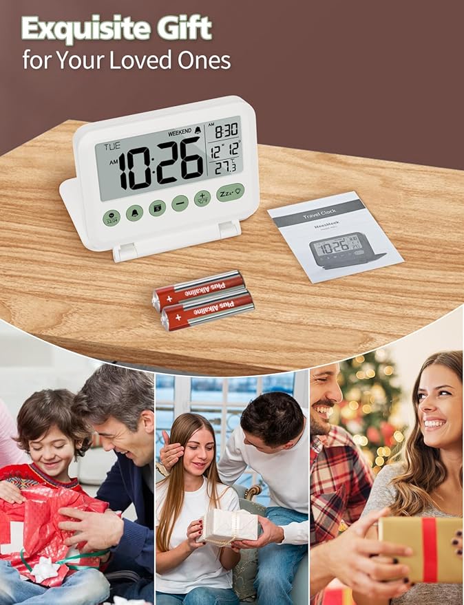 Digital Travel Alarm Clock - 3.54 inch LCD Display, 9-Minute Snooze, 2 Volume Levels, Backlight, Battery Included (White)