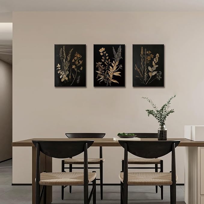 TUEASKY 3 Piece Floral Canvas Wall Art Dark Moody Wall Decor Botanical Pictures Wildflower Paintings 3 pieces Flower Prints for Bedroom Living Room