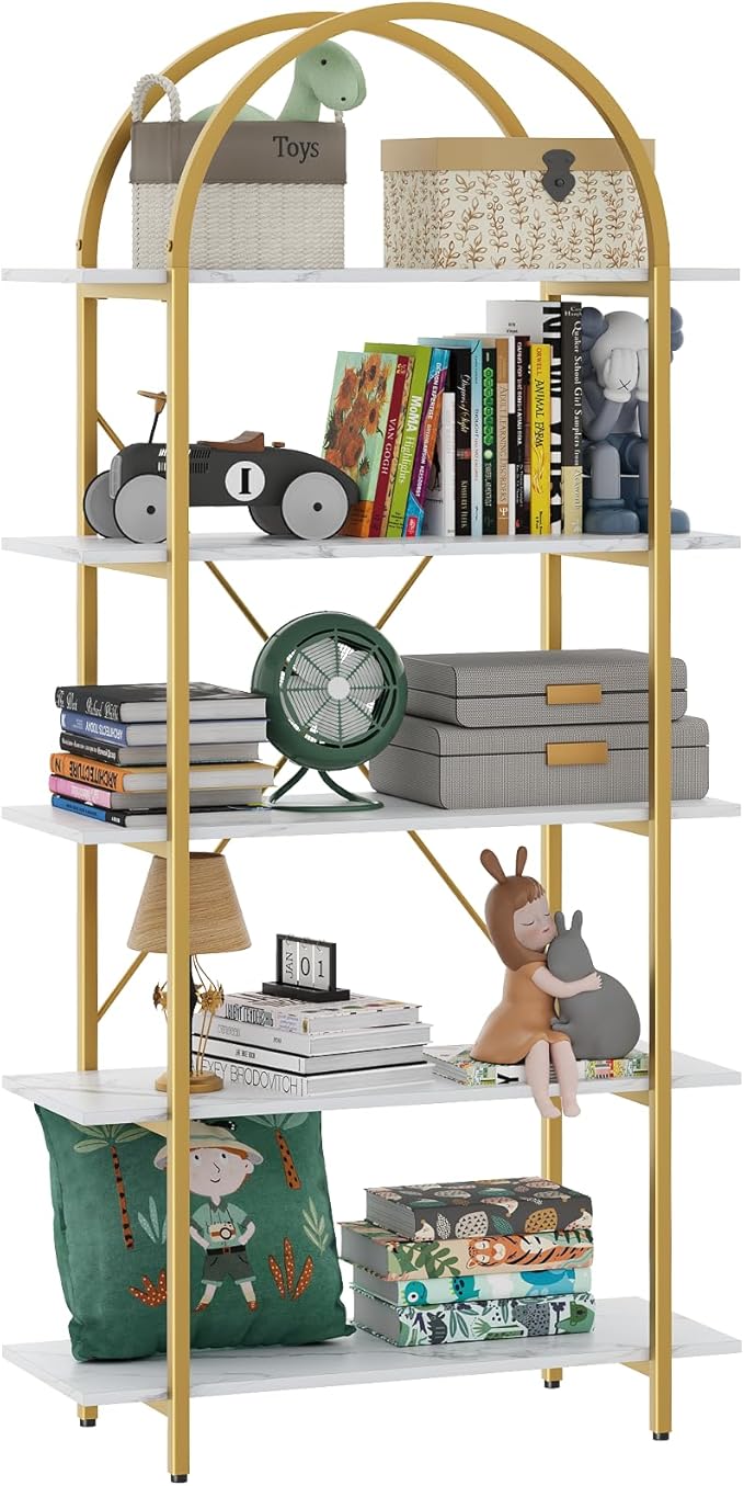 Arched Bookshelf 5 Tier Book Shelf, 31.5 Inch Width Industrial Arch Bookcase, Curved Tall Bookshelf with Open Shelves for Home Office, Living Room, Bedroom, Gold