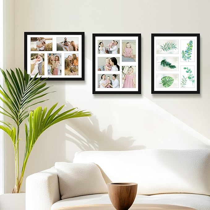 Golden State Art, 11x14 Black Wooden Frame with White Mat - Displays Five 4x6 Photos - Tempered Glass - Wall Mounting, Portrait, Set of 2