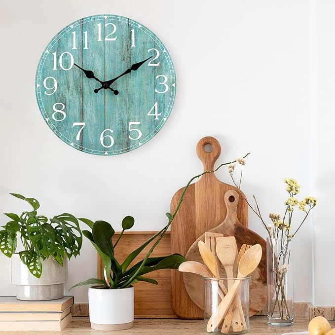 HYLANDA Wall Clock, 16 Inch Teal Silent Non-Ticking Kitchen Decor, Rustic Vintage Country Retro Decorative Clocks Battery Operated for Bathroom Bedroom Living Room Office(Aqua)