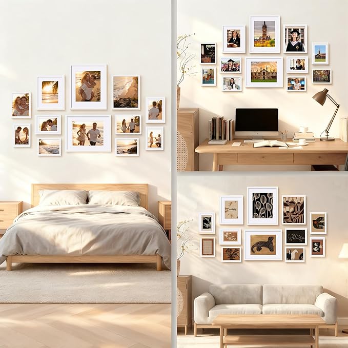 Egofine Picture Frame Set 12 Pack, Picture Frames Collage Wall Decor with Two 11x14, Two 8x10, Four 5x7, Four 4x6, Photo Frames for Wall and Tabletop, Made of Solid Wood, Covered by Plexiglass, White
