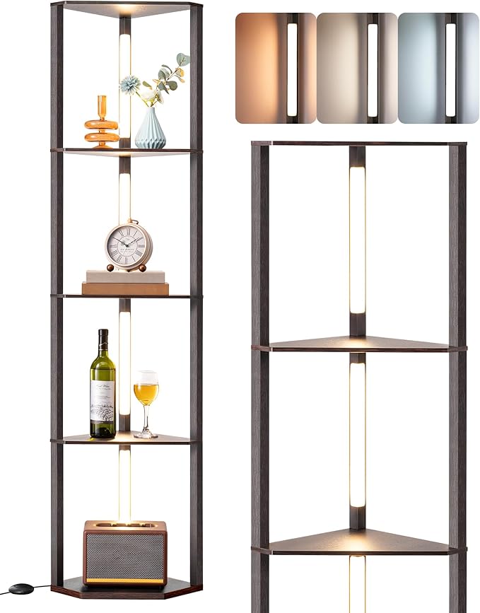 EDISHINE 64" Corner Shelf Floor Lamp for Living Room, Modern LED Corner Light with Shelves, 3CCT, Stepless Dimmable Tall Floor Light for Bedroom, Office, Dining Room, 3000K 4000K 5000K, Black Walnut