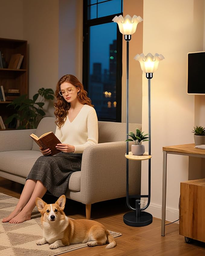 Lightdot Dimmable Flower Floor Lamp for Living Room, Modern Mid Century Floor Lamp with Table, Black Tall Standing Lamp for Bedroom/Sofa Beside/Corner Decor(Bulb Included)